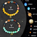 Natural stone beaded bracelet with metal Sagittarius zodiac charm on an adjustable brown leather cord.