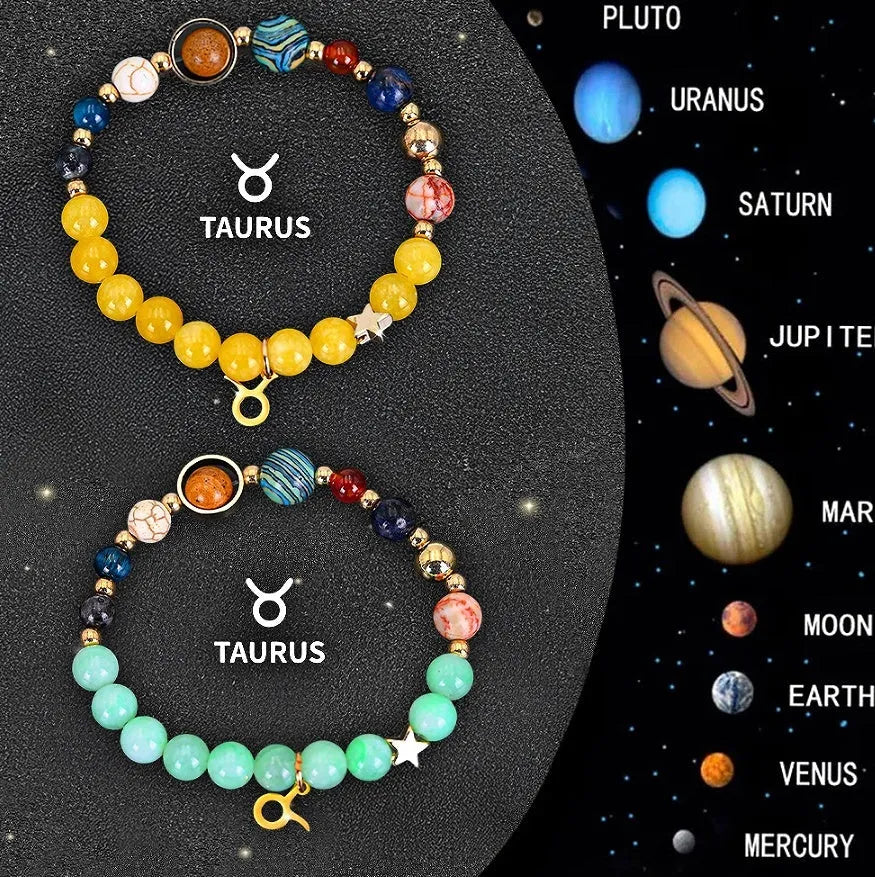 Natural stone beaded bracelet with metal Sagittarius zodiac charm on an adjustable brown leather cord.