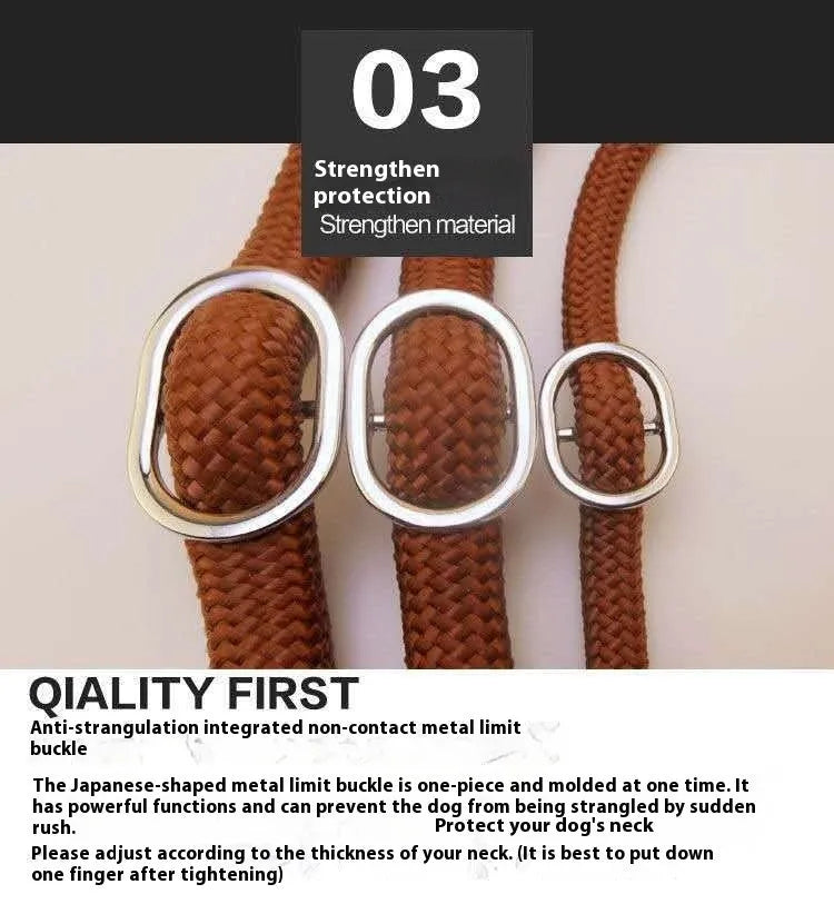 Brown nylon dog leash with P chain attachment measuring 2.1 metres with rope hand holding section