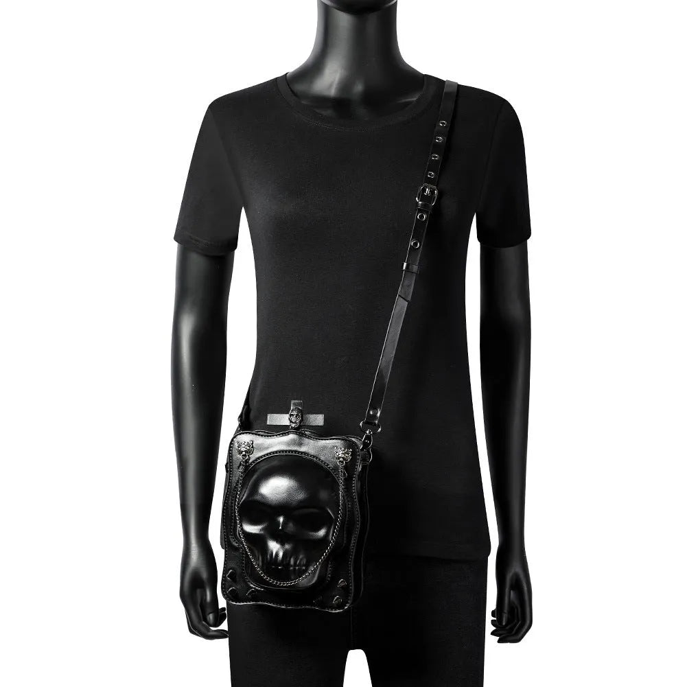 Black Halloween skull mini messenger bag with stitching, rivets, and detachable shoulder chain