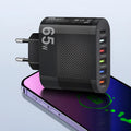 Type-C multi-interface charging plug showing EU, UK and US outlet compatibility with USB charging port