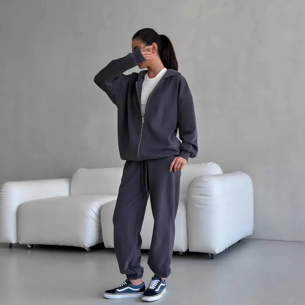 Street style long-sleeved coat and trousers two-piece set in solid colour
