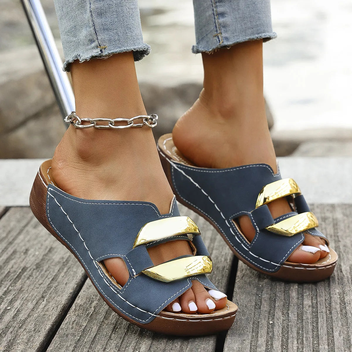 Women's Roman style platform sandals in white, black, khaki, and blue with a metal detail.