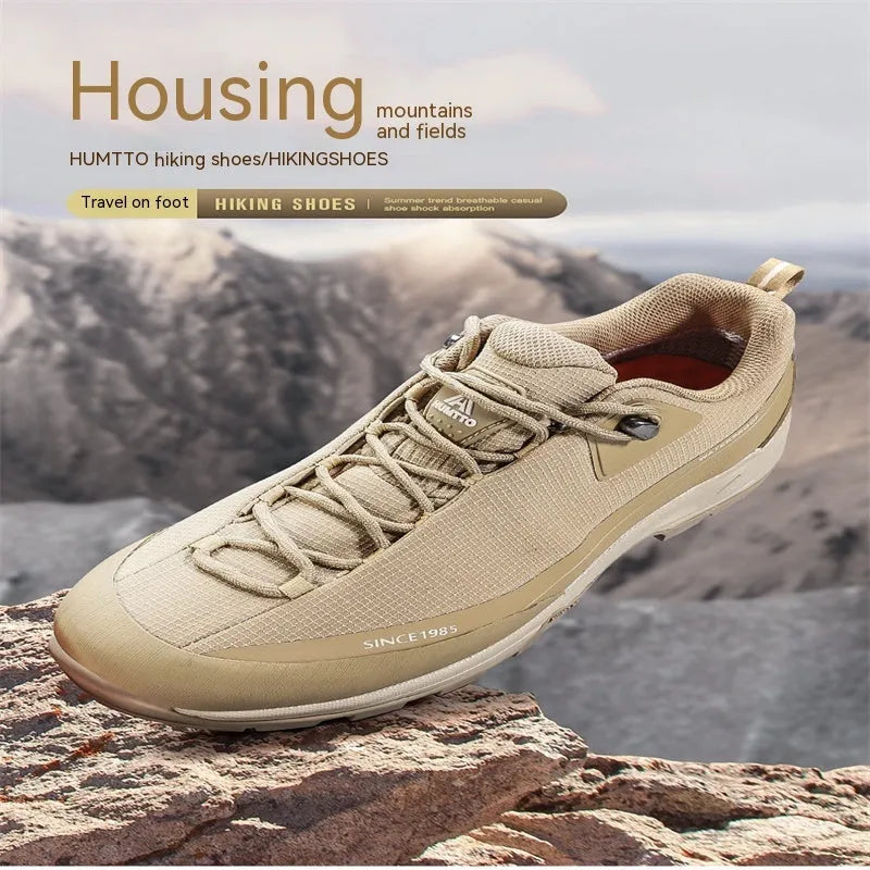 Men's low-top mountain climbing hiking boots with leather mesh upper and non-slip rubber sole