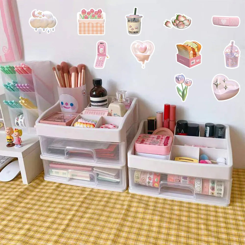 Realistic 3D decorative stickers in pink girl heart designs, 63 pieces per pack