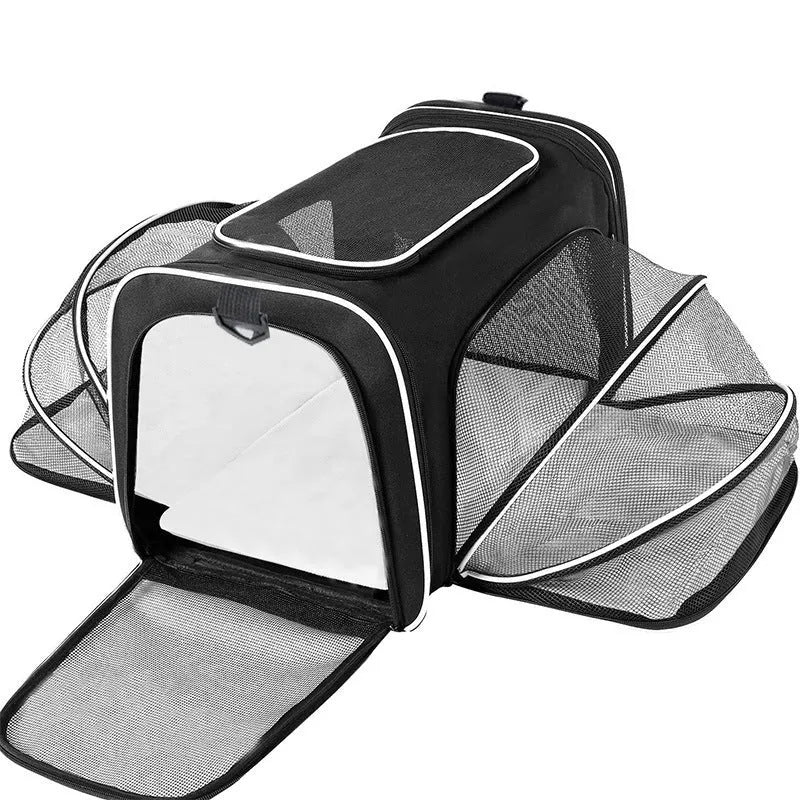 Medium hardness cat carrier bag in 600D cation fabric with piping trim detail