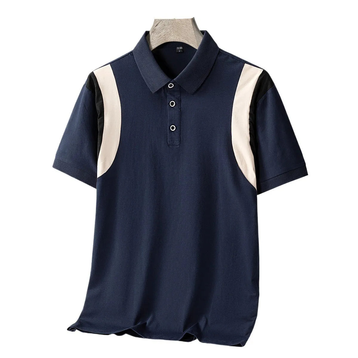 Men's grey striped cotton T-shirt with business lapel collar and short sleeves laid flat