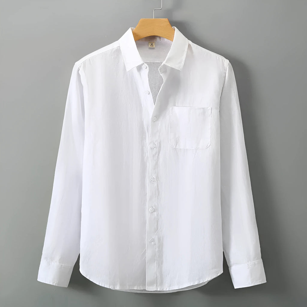 Long sleeve linen cardigan shirt in a loose Chinese style fit, shown in a solid colour.