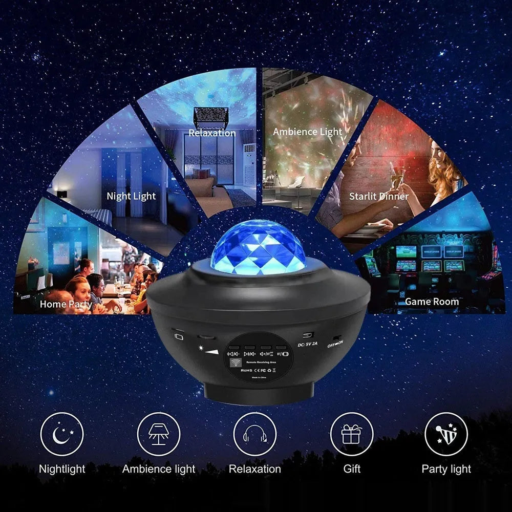 Black parallel style star projection lamp with rotating water ripple laser effects on desktop