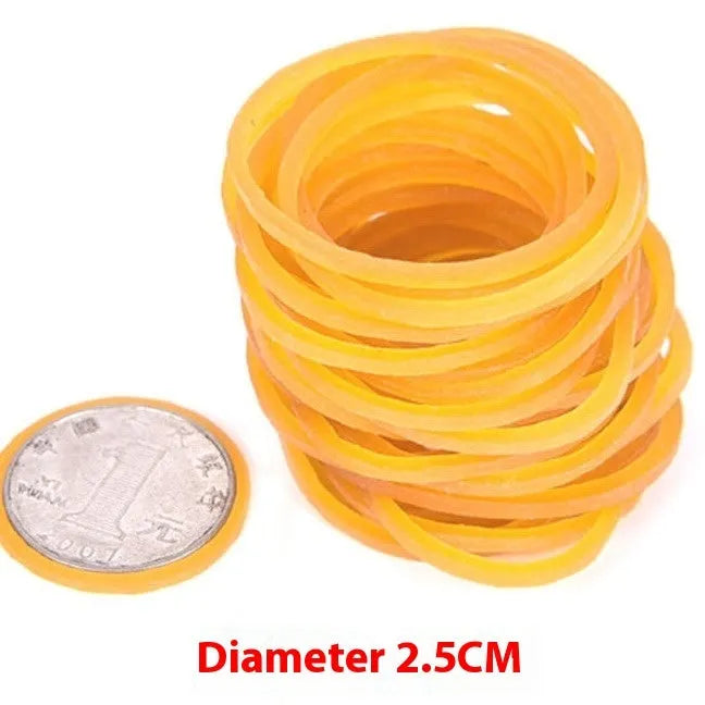 500g bag of yellow rubber bands in multiple sizes from 16mm to 70mm diameter.