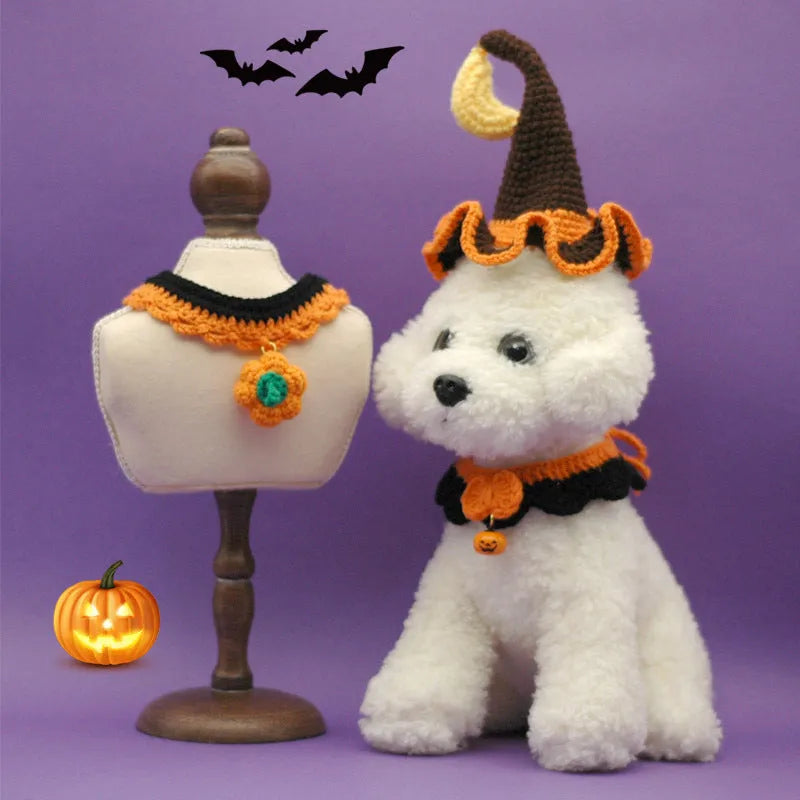 Hand-crocheted wool Halloween collar for pets in pumpkin colours with adjustable sizing