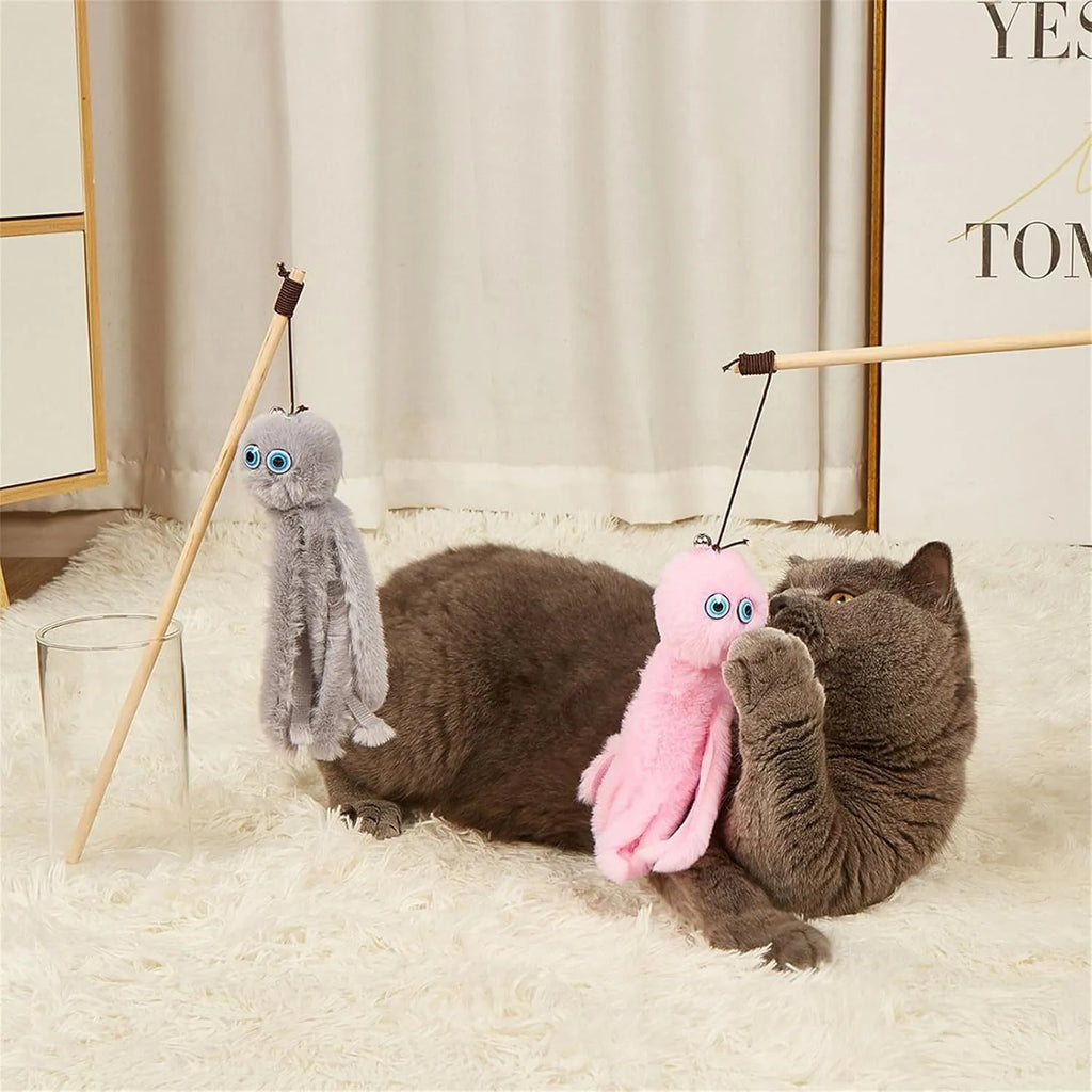 Octopus-themed cat toy with long stick handle and colourful furry texture for indoor kitten play
