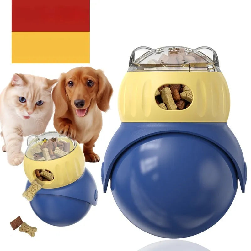 Yellow and blue owl tumbler cat puzzle feeder for dry food dispensing