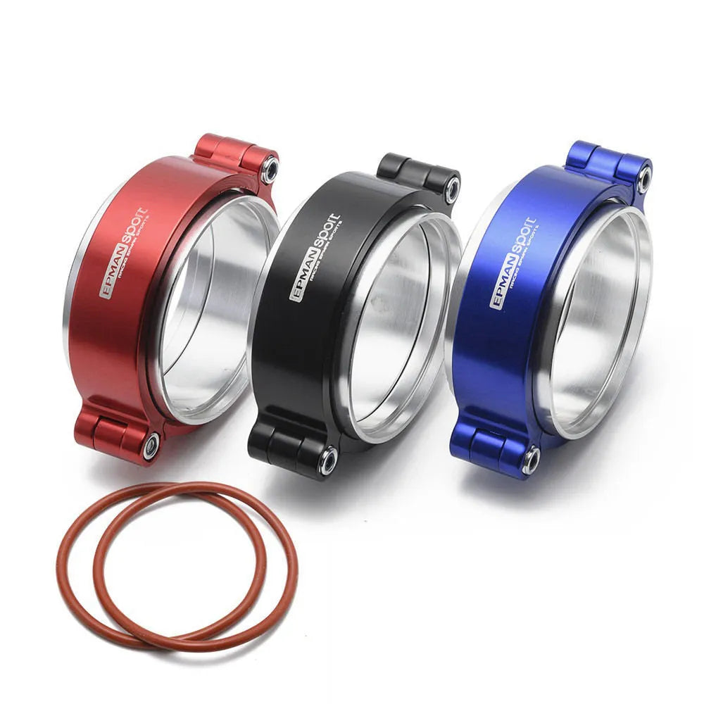 Aluminium exhaust clamp for car modification in black, blue or red colours