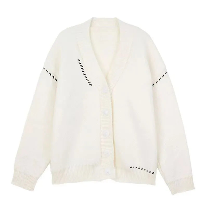 Women's loose fit long sleeve knitted cardigan coat in black and white solid colours