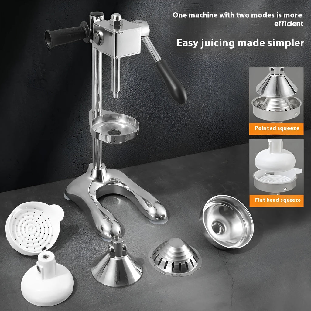 Vertical stainless steel manual kitchen juicer with multiple colour and tip configuration options