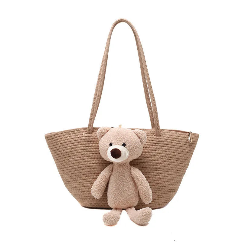 Woven cotton linen dumpling-shaped bag with double shoulder straps in various colours