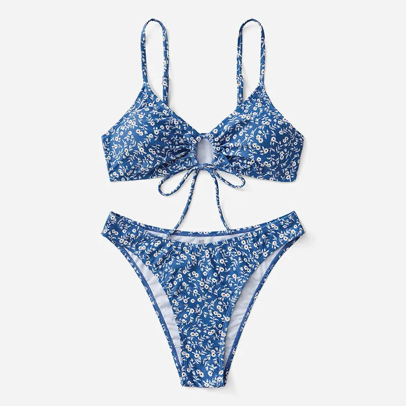 Blue women's swimsuit three-piece set without underwire including top and shorts