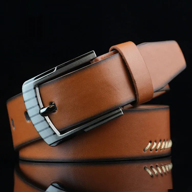 Men's black retro-style pin buckle belt with pattern detail on imitation leather strap.