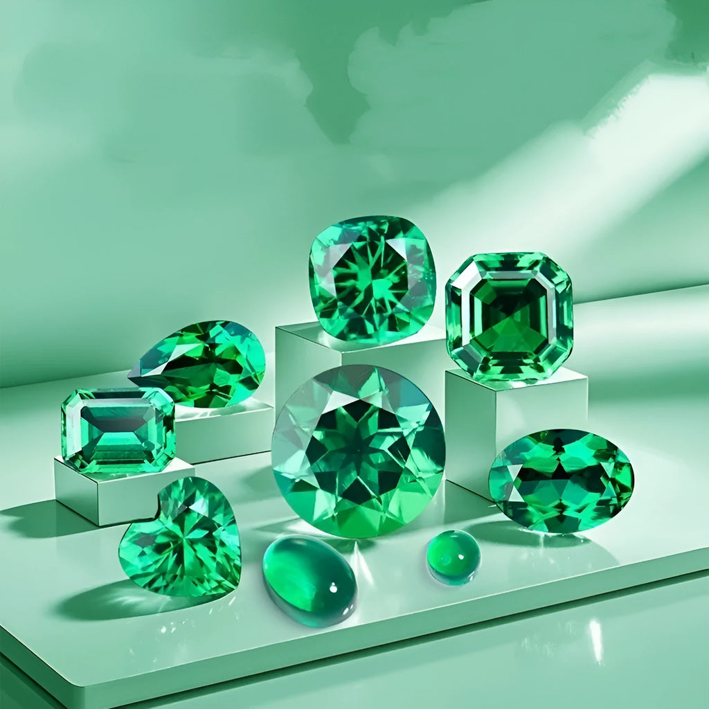 Selection of polished cultivated emerald gemstones in various cuts and sizes on a dark background.