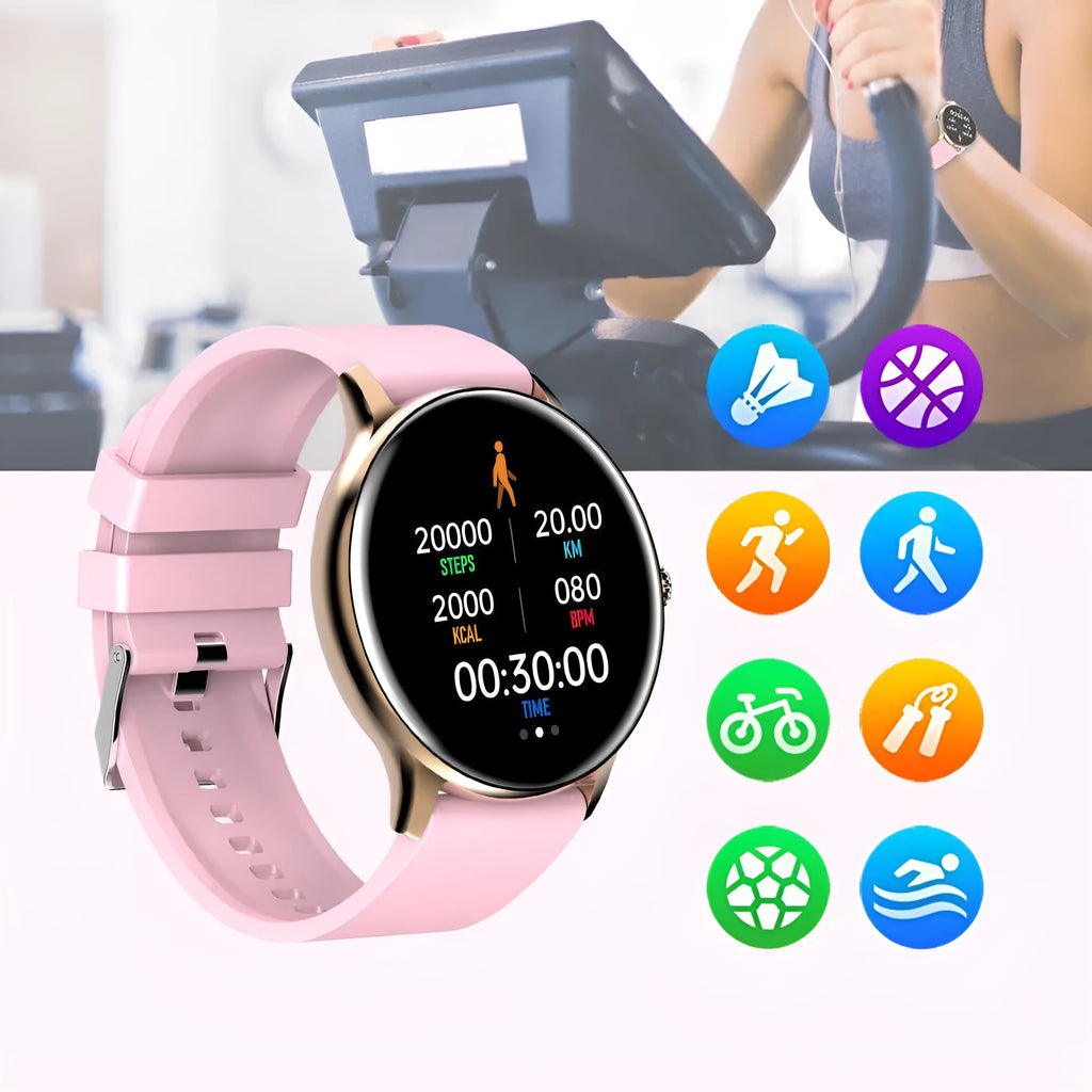 Blood pressure health smartwatch with 1.28-inch touchscreen and silicone wristband