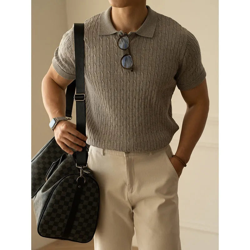 Men's short sleeve knit polo shirt in khaki, black, or white for business and office wear