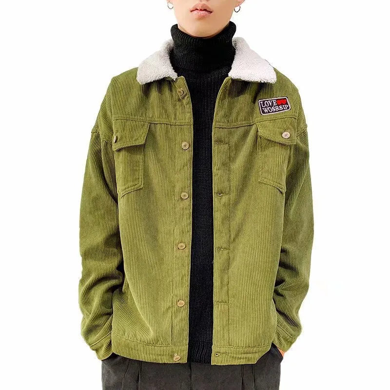 Men's loose fit corduroy workwear jacket in khaki, green, or black with sleeve pockets.