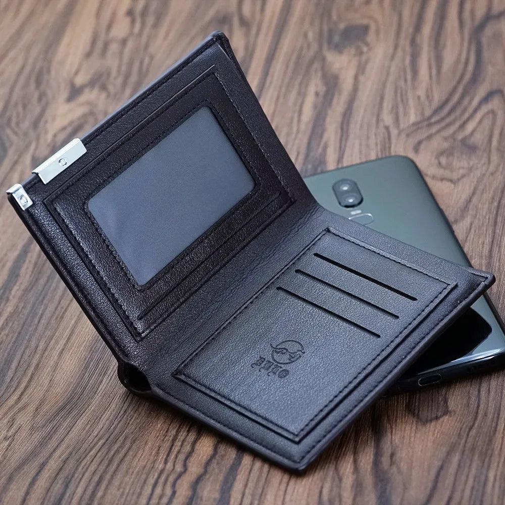 Men's brown leather wallet with a silver zipper closure, showing open view of multiple card slots.