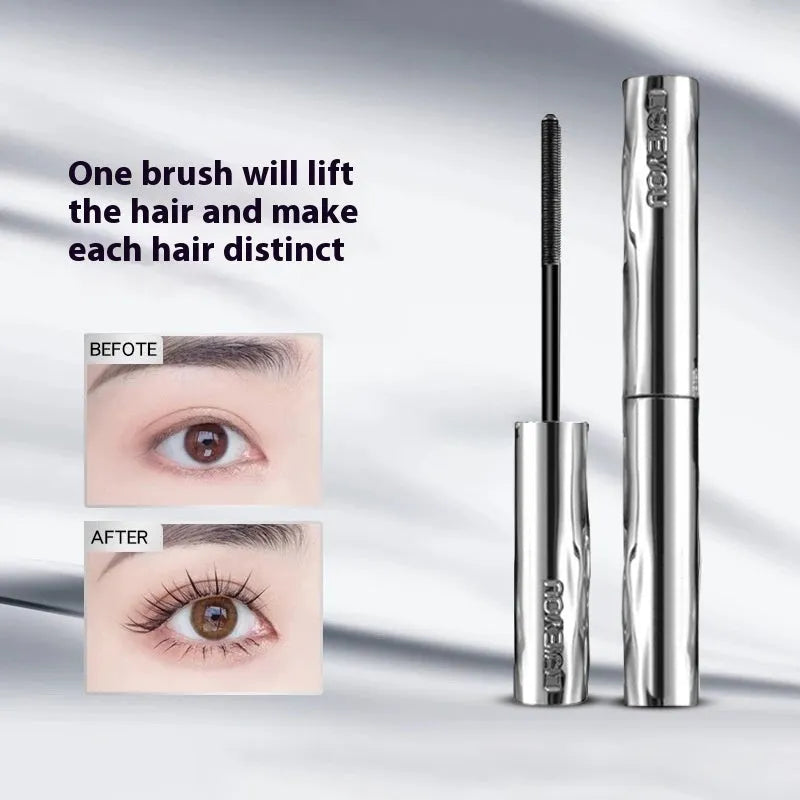 Waterproof mascara with steel tube and brush, shown in black and brown colour options, some sets include an eyelash curler.