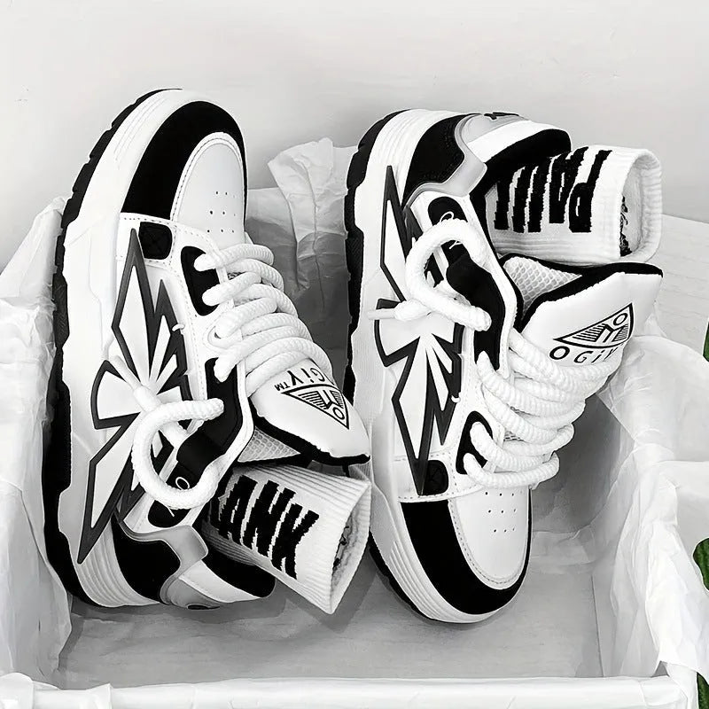 Men's white chunky sneakers with cartoon pattern, thick rubber sole, and synthetic leather upper