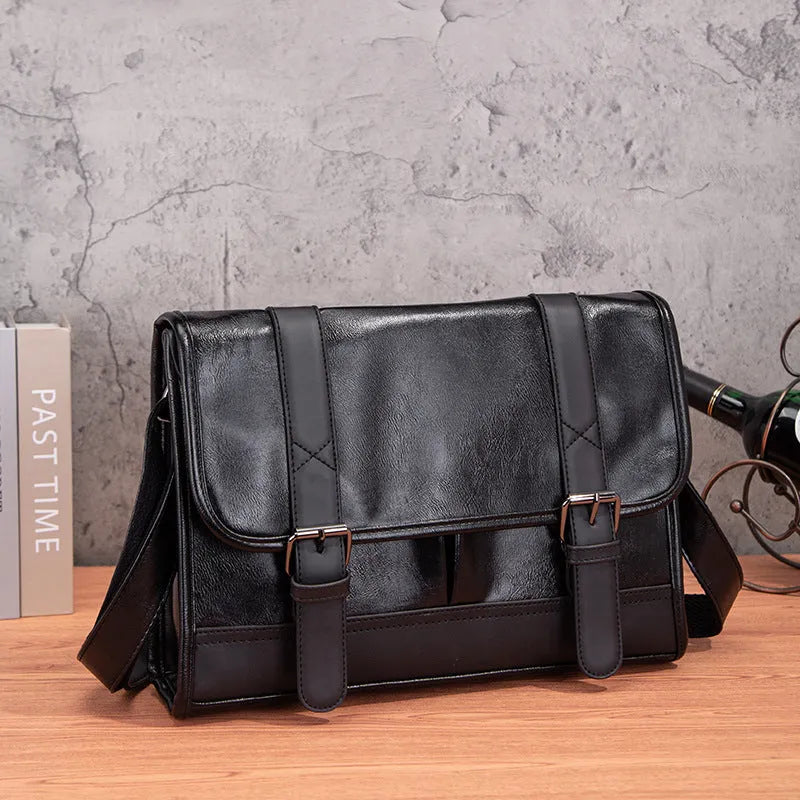 Black Korean style men's commuting backpack with anti-theft features and PU leather exterior