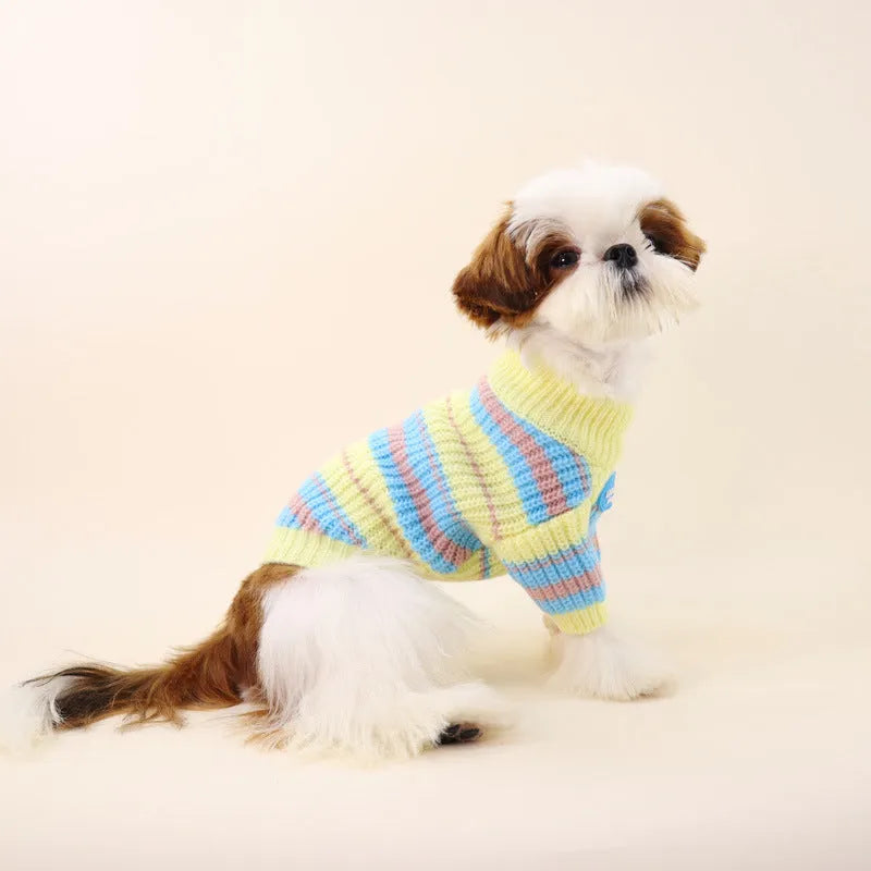 Blue and yellow striped wool dog sweater for small breeds like Schnauzer and Bichon.