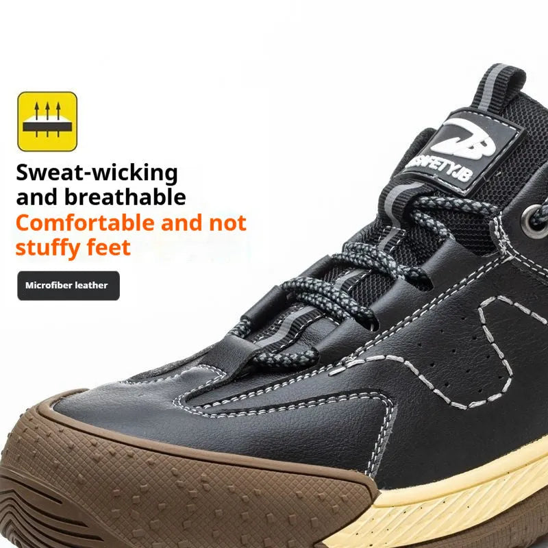 Leather work shoes with Flyknit detail, shown in a brown colour on a rubber sole.