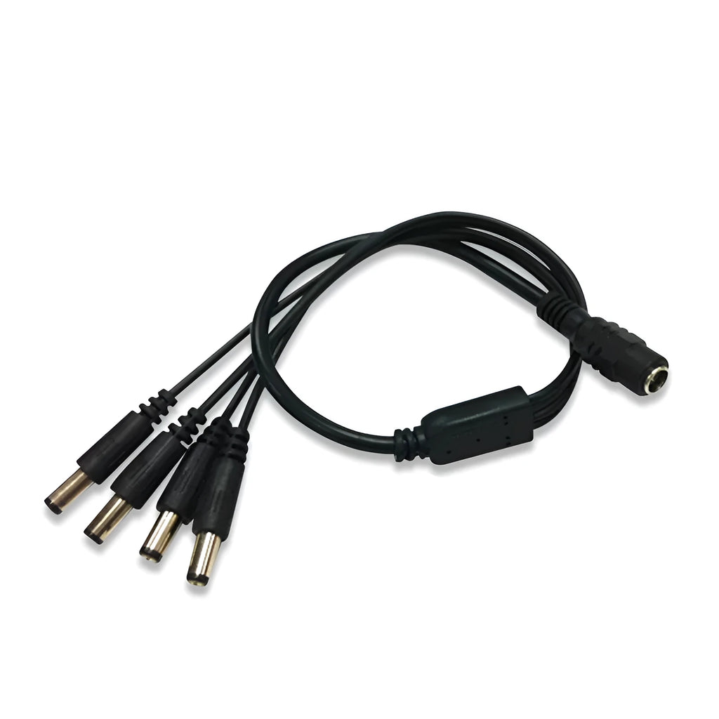Black 12V monitoring power cord with DC one-in-four interface and 5.5mm connectors for CCTV cameras