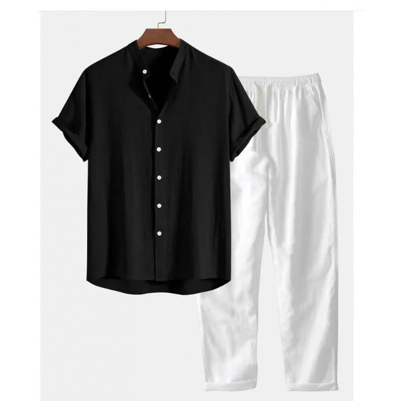 Man wearing a loose-fit short-sleeve shirt and trousers from a casual linen-blend suit set.