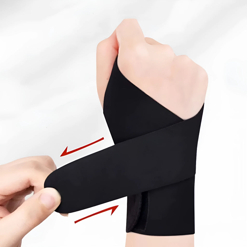 A pair of adjustable black neoprene athletic wristguards for wrist support during sports.