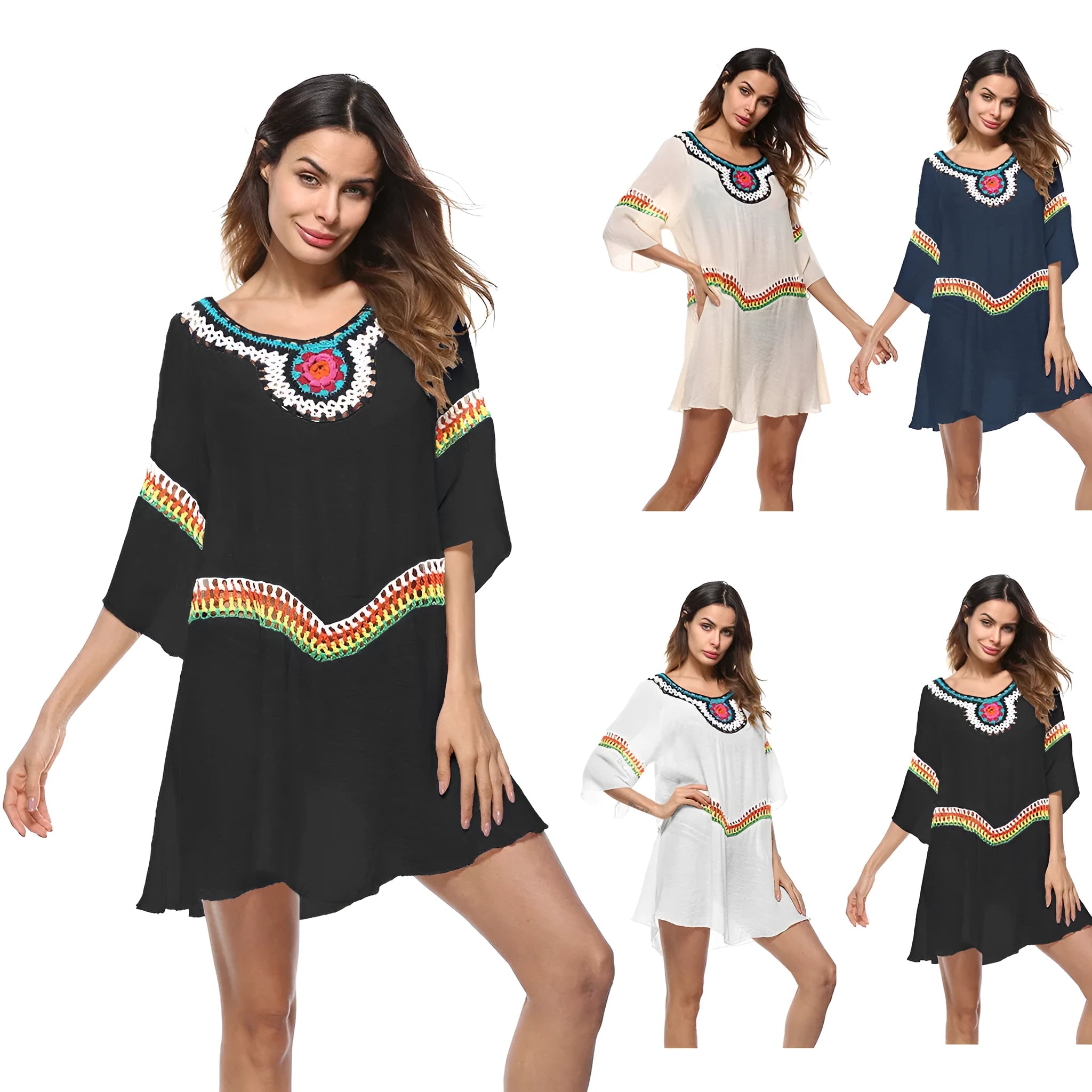 Crocheted ethnic-style beach cover-up for women in apricot colour, made from acrylic fabric.