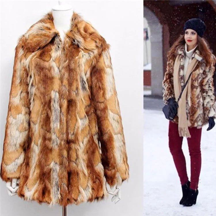 Women's tiger pattern faux fur leather jacket with medium length 65cm cut and long sleeves