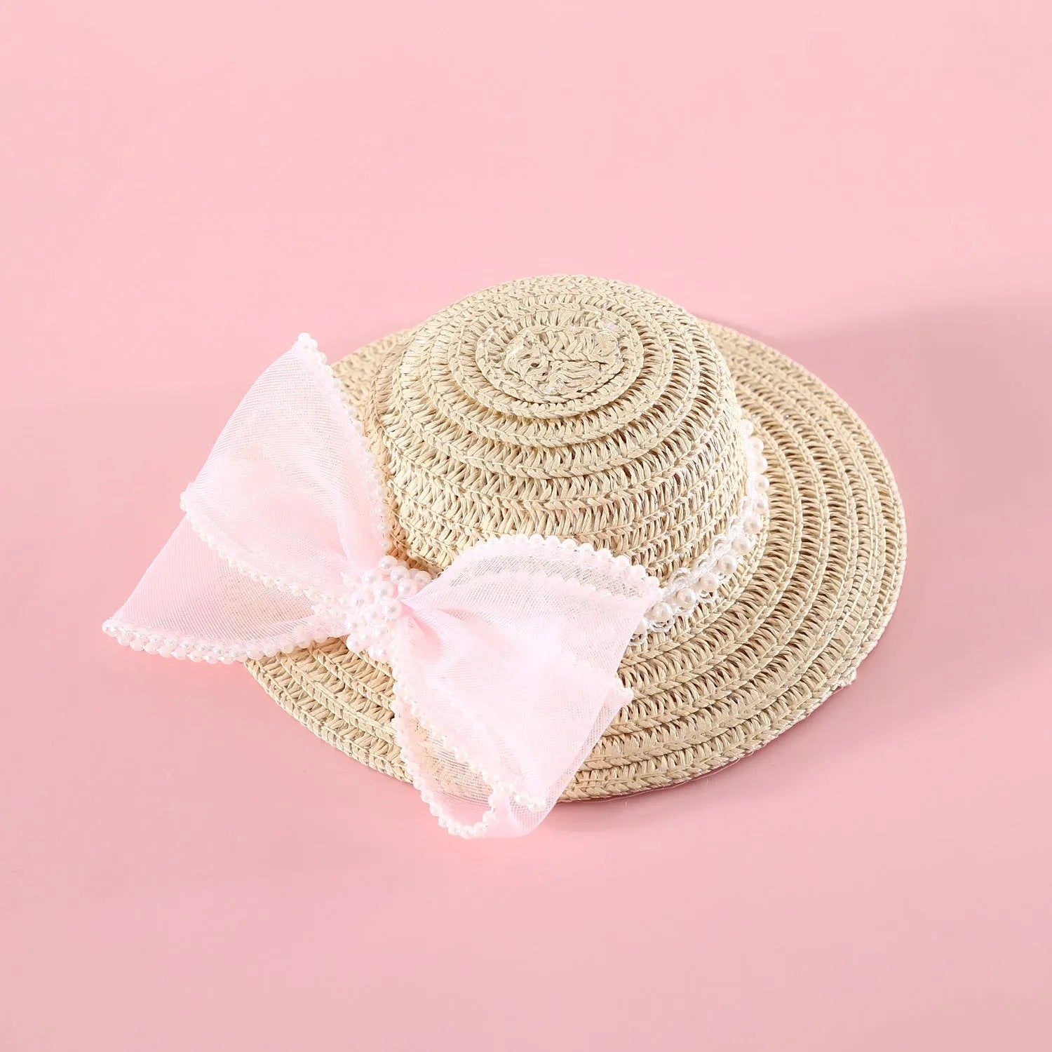 Woven Lafite leaf cat hat with pearl bow decoration in butterfly design