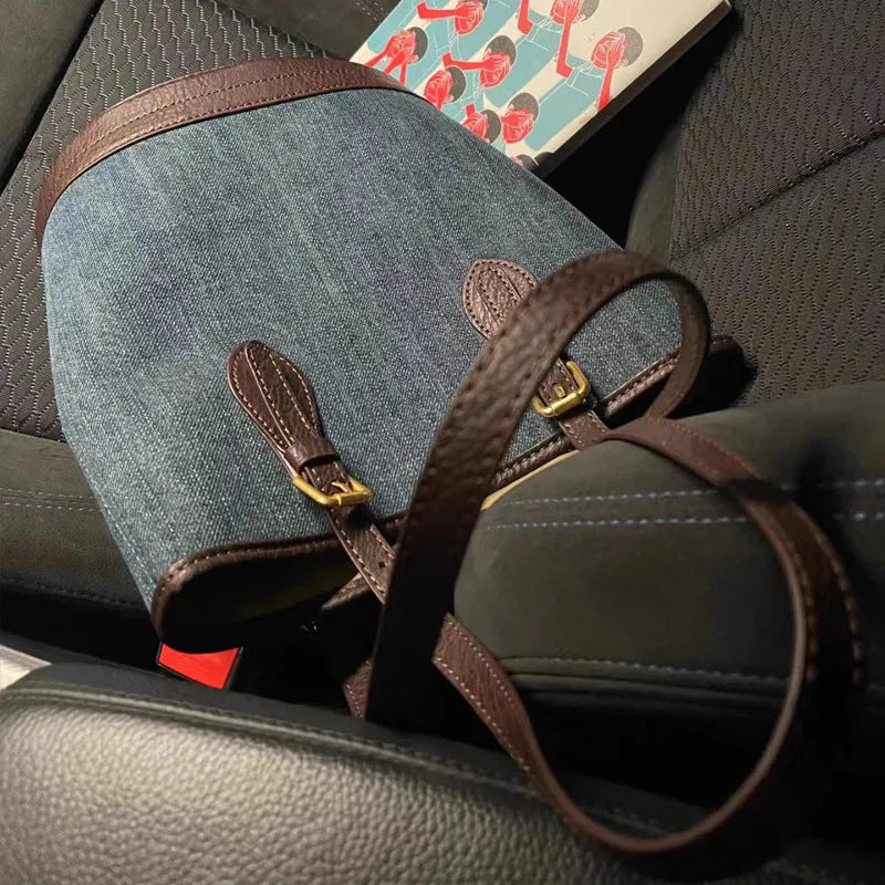 Denim patchwork pattern polyester bucket handbag with one shoulder strap