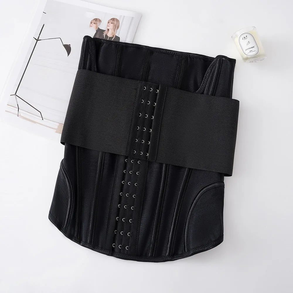 Nylon belly band waist trainer in black and apricot colours showing front view