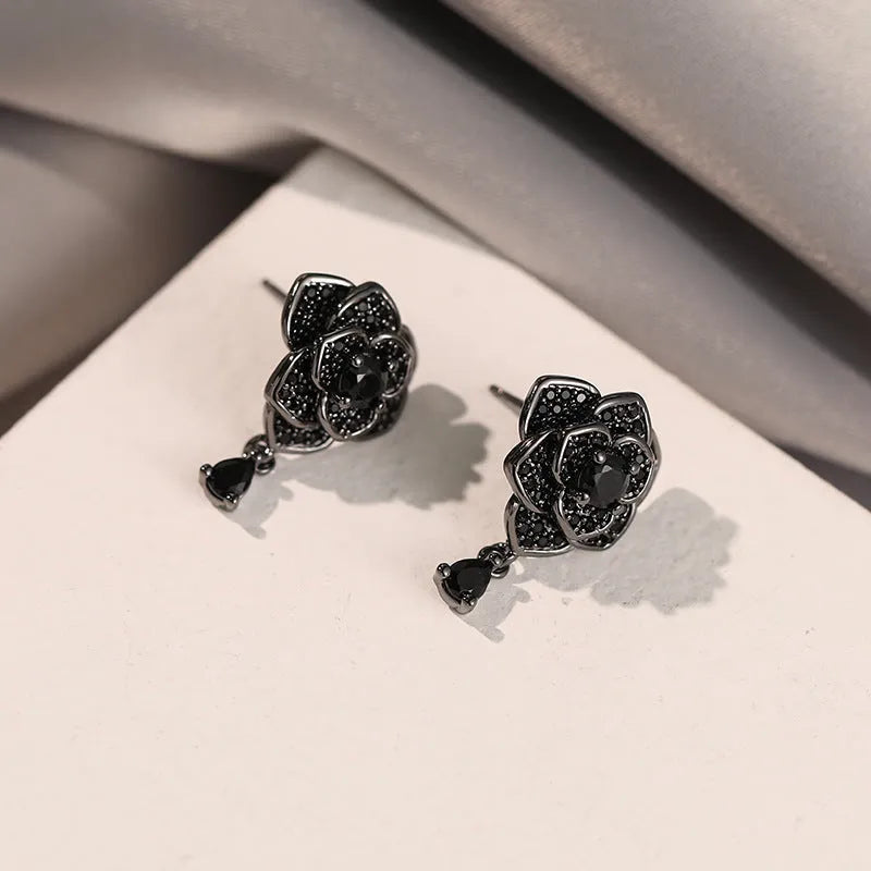 Black rose zircon stud earrings with flower design and 18K gold colour electroplated finish