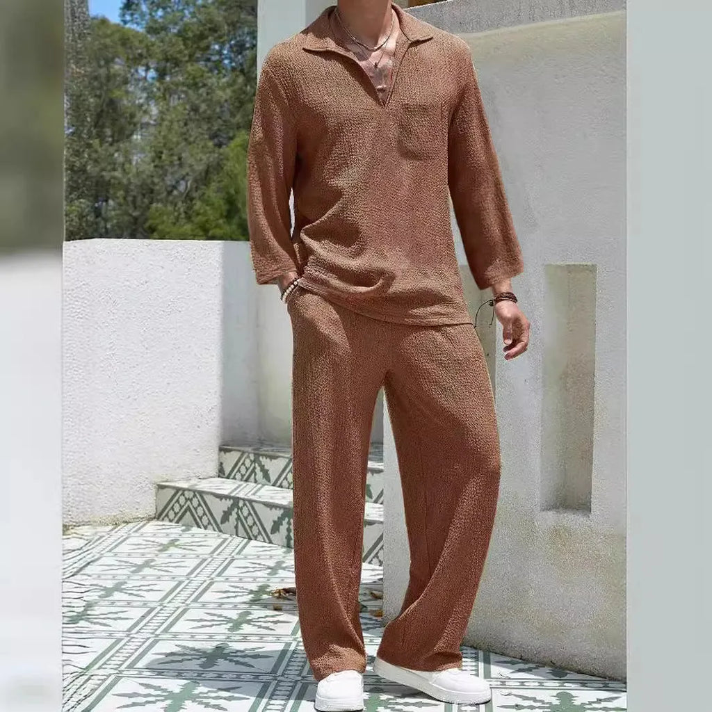 Men's casual polyester shirt trousers set in four colour options with young casual styling