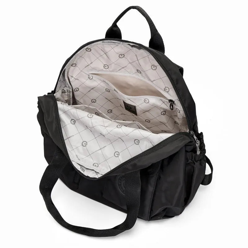 Lightweight nylon women's backpack with sandwich pockets in black, khaki or green letter print