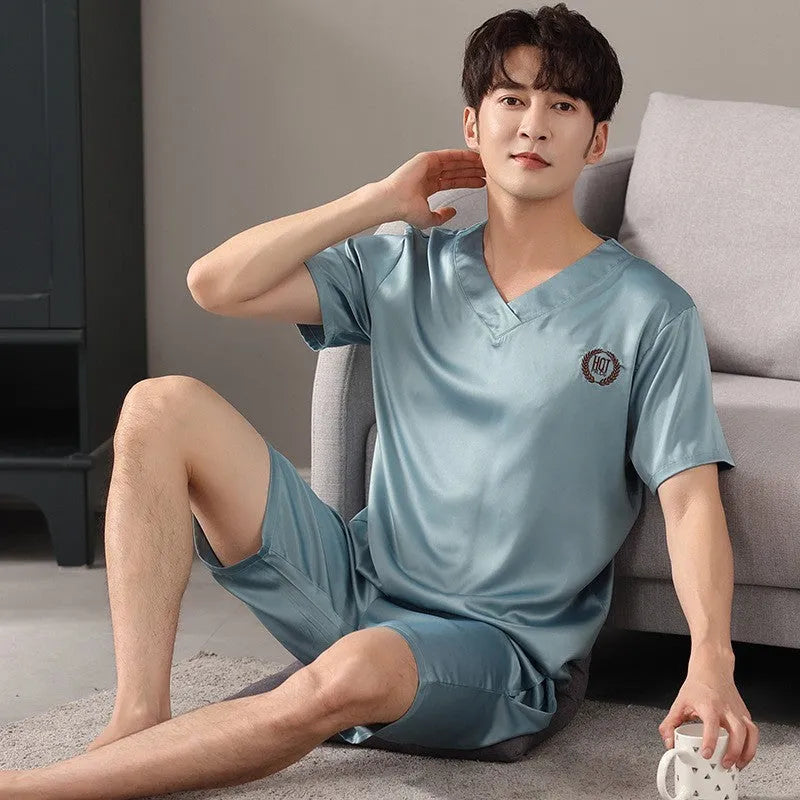 Men's ice silk pajama set with short sleeve shirt and loose shorts in multiple colour options
