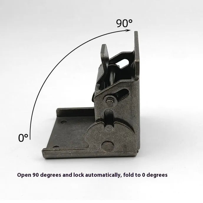 Furniture folding hinge with self-locking mechanism showing 0-90 degree adjustment
