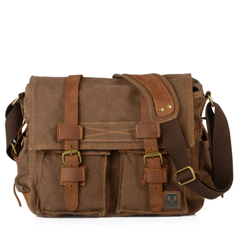 Men's retro canvas crossbody shoulder bag with cowhide trim and postman flap in Army Green colour