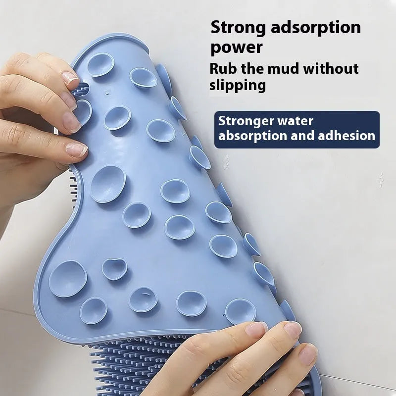 Blue silicone bath massage cushion for back scrubbing, measuring 31 by 32 centimetres