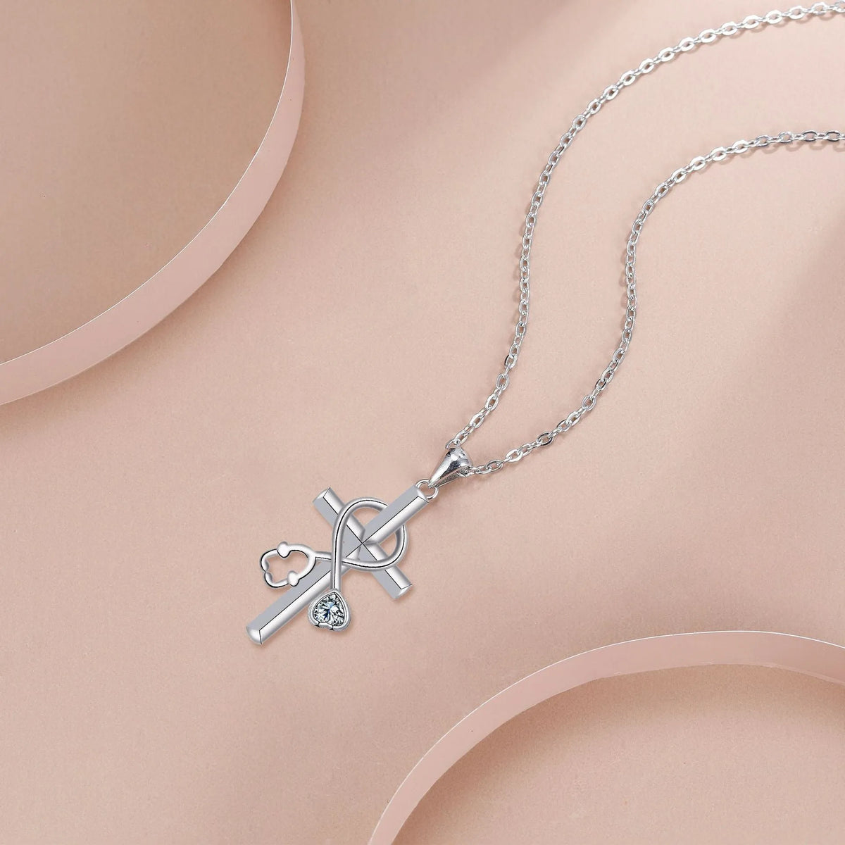 Copper cross stethoscope necklace with original design pendant on cross chain for women