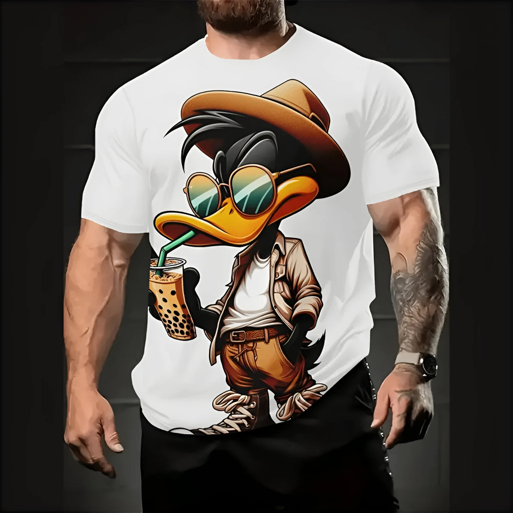 Men's loose fit short sleeve shirt with cartoon 3D print in linen blend fabric